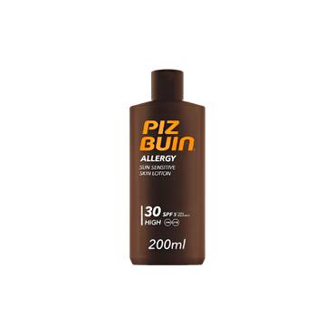 Front view of PIZ BUIN Allergy SPF30 200ml lotion – sun care for sensitive skin